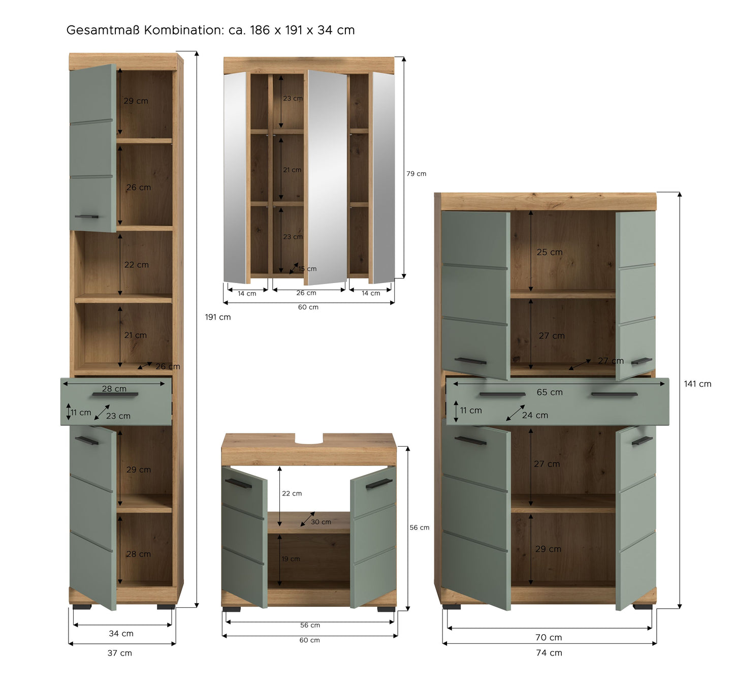 Badezimmerset im Maßbild: offene Fächer, Schubladen und Spiegelschrank, Gesamtmaß ca. 186 cm