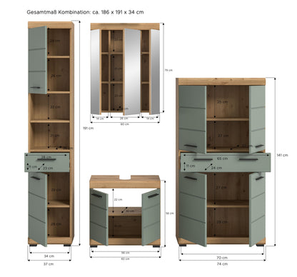Badezimmerset im Maßbild: offene Fächer, Schubladen und Spiegelschrank, Gesamtmaß ca. 186 cm
