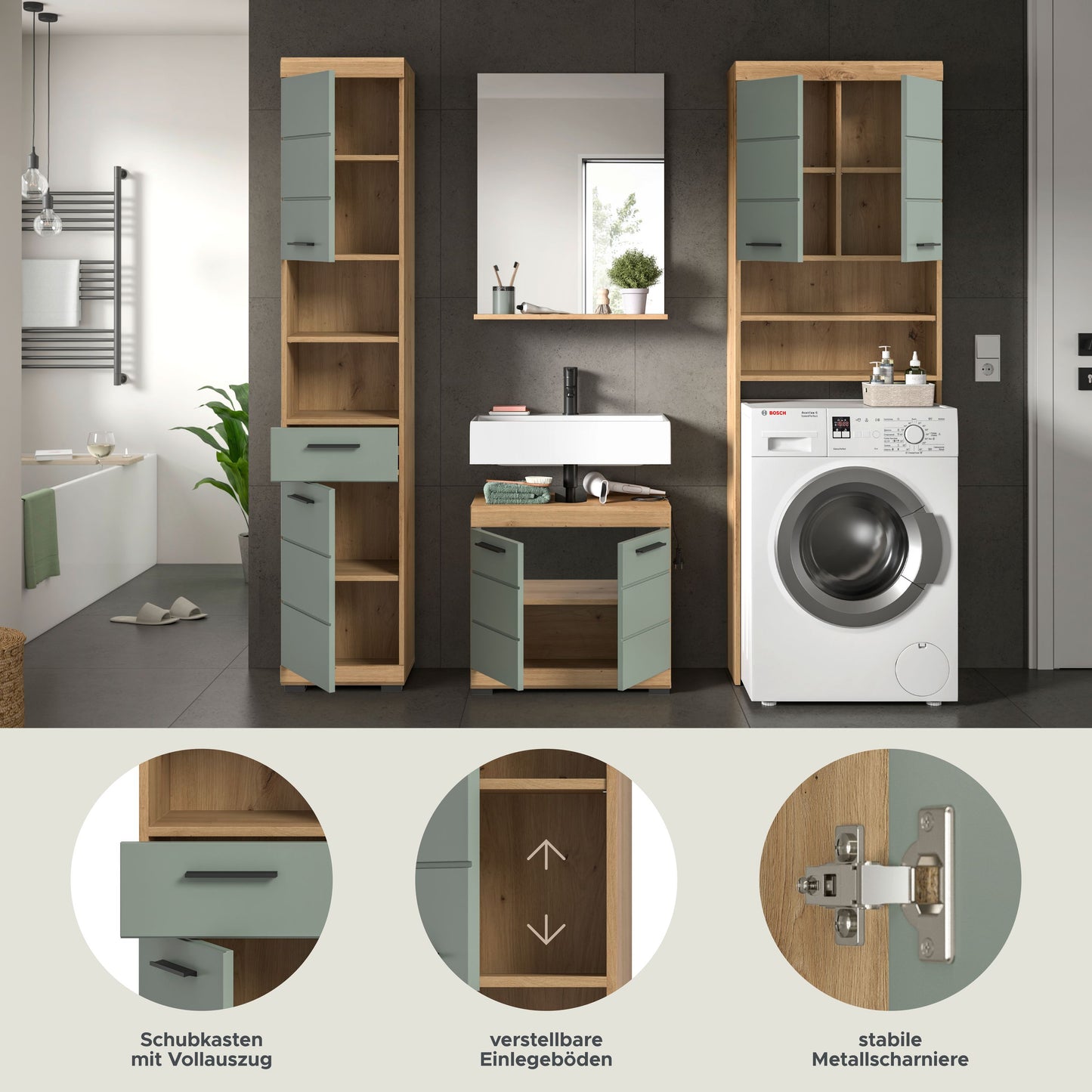 Homes & Jones Badezimmerset 4tlg., Badezimmer Set mit Waschmaschinenschrank