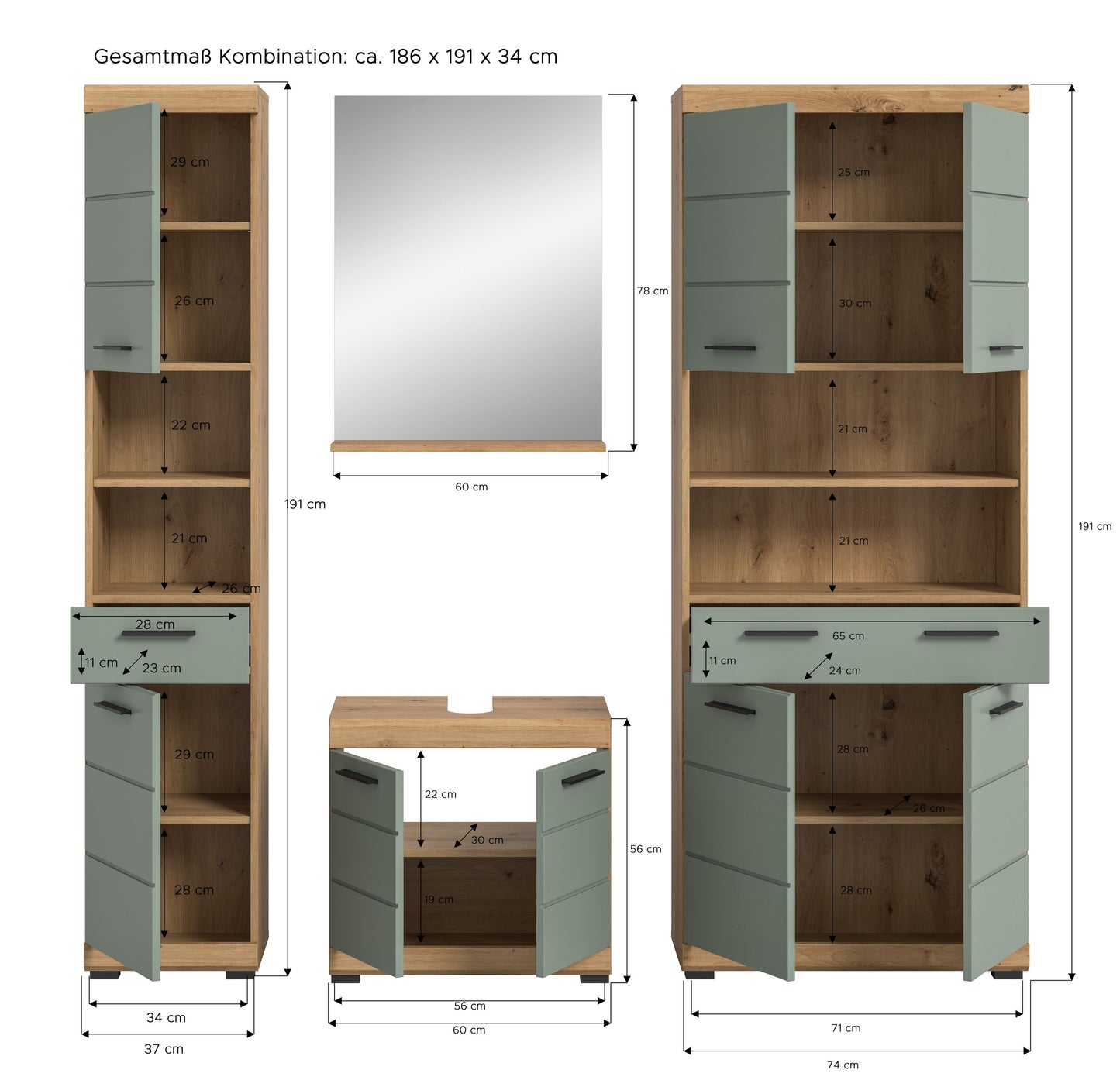 Homes & Jones Badezimmerset 4tlg., Badezimmer Set mit Midi Badezimmerschrank