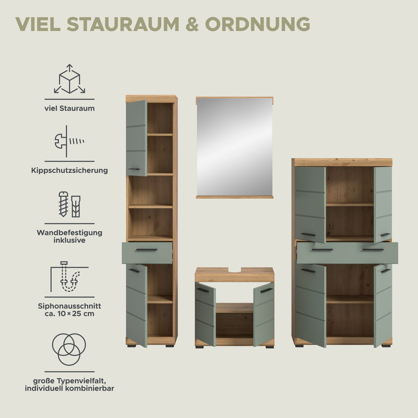 Homes & Jones Badezimmerset 4tlg., Badezimmer Set mit  Schränken und  Spiegel