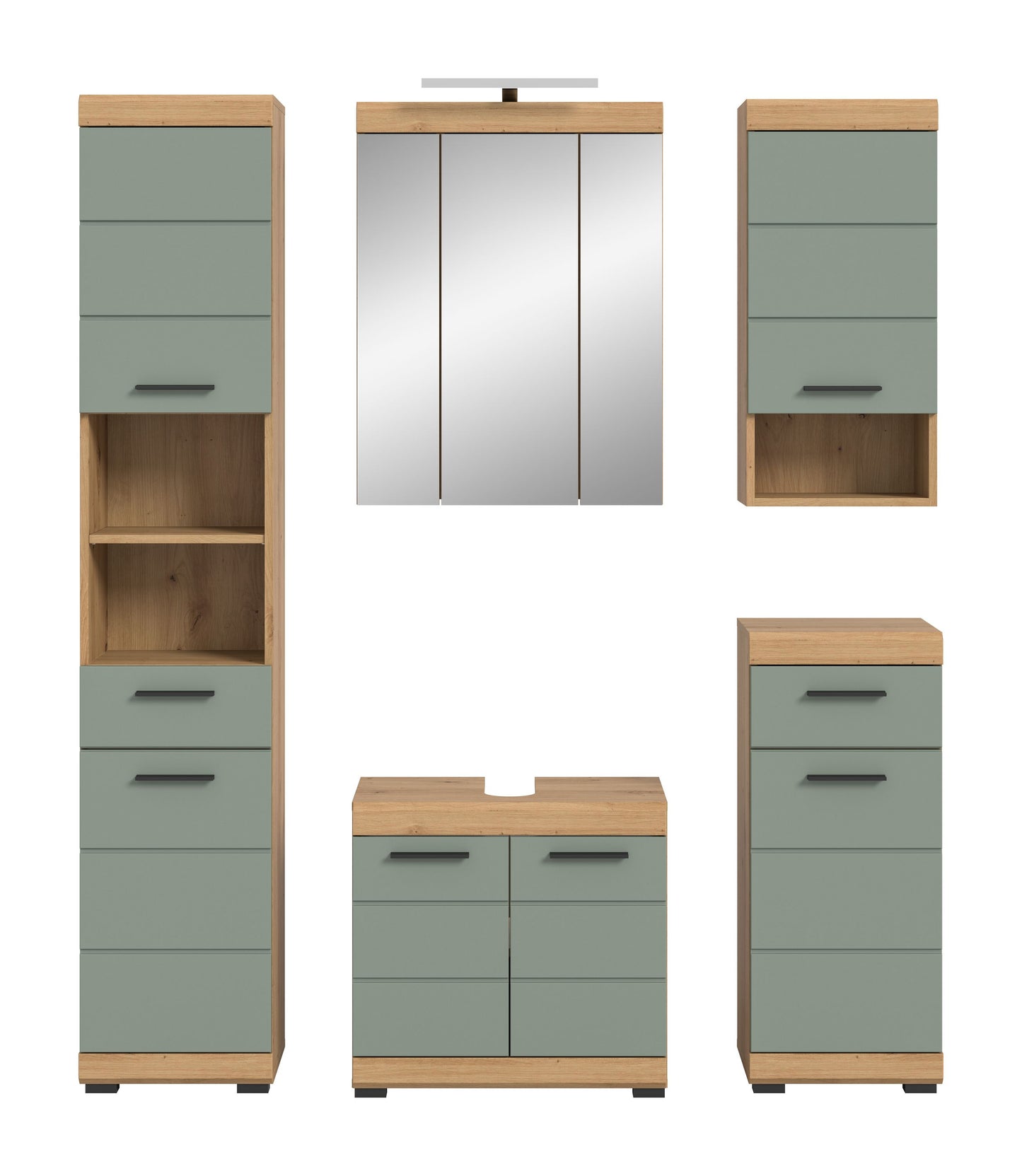 Badezimmerset in Holzoptik & Salbeigrün: Hochschränke, Spiegelschrank, Unterschrank