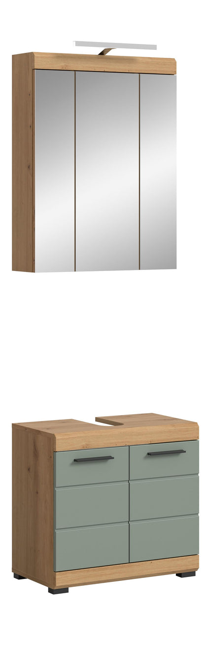 Badezimmerset: Spiegelschrank und Waschtisch-Unterschrank mit Holzdekor und Schubfächern