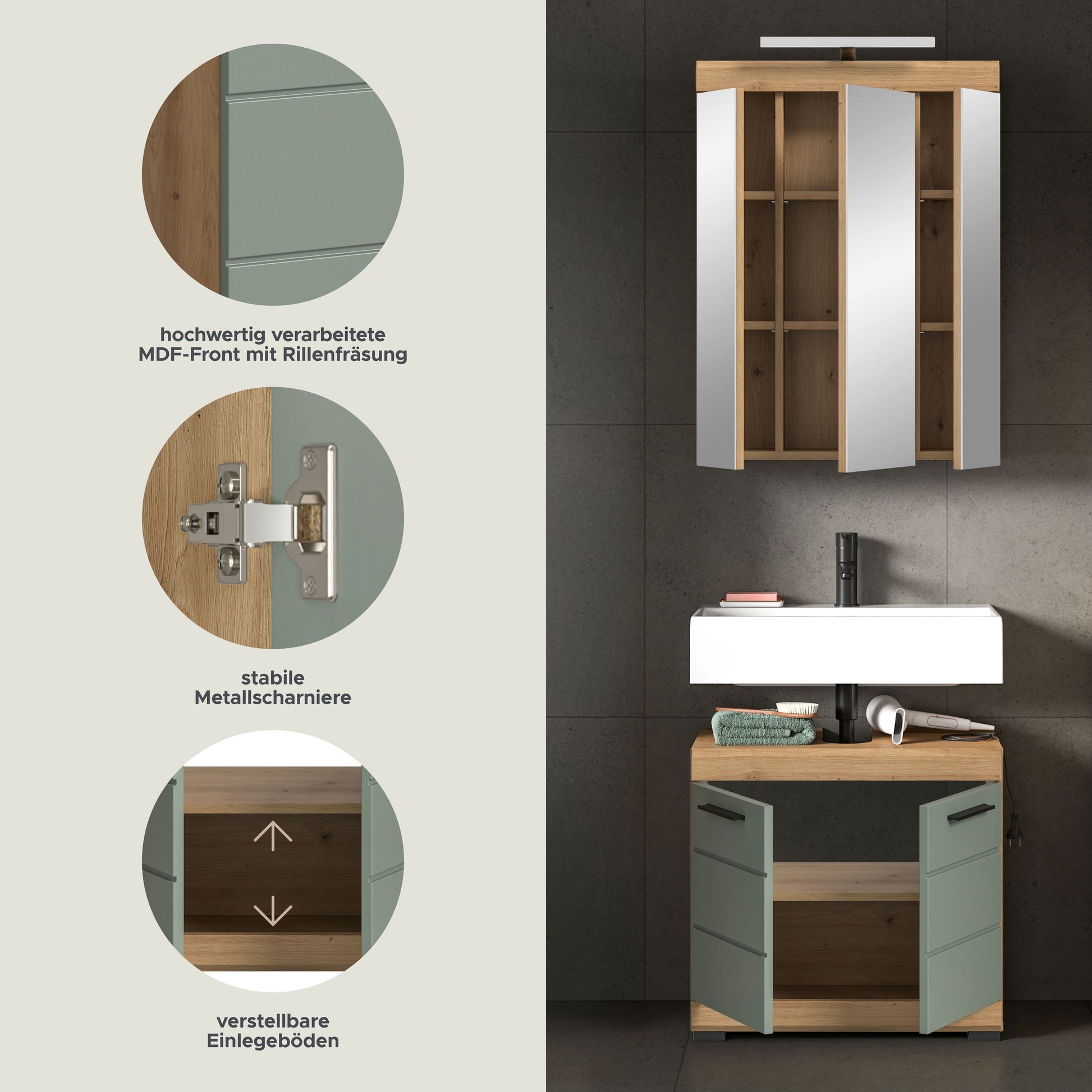 Frontdetails am Schrank: MDF mit Holzoptik und stabile Metallscharniere
