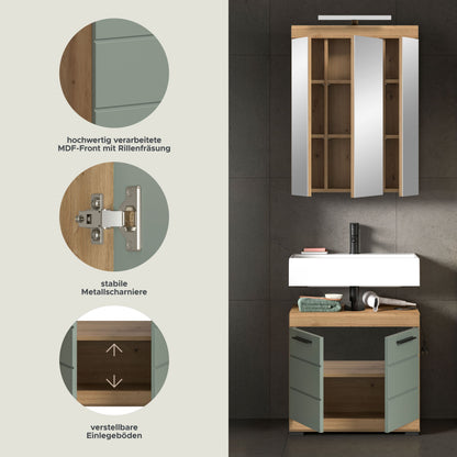 Frontdetails am Schrank: MDF mit Holzoptik und stabile Metallscharniere
