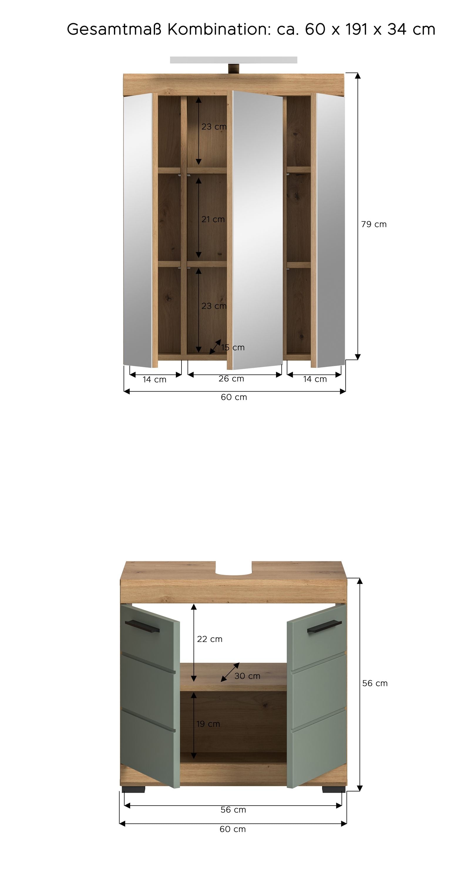 Badezimmerset 2-teilig: Spiegelschrank und Waschtisch-Unterschrank mit Maßangaben