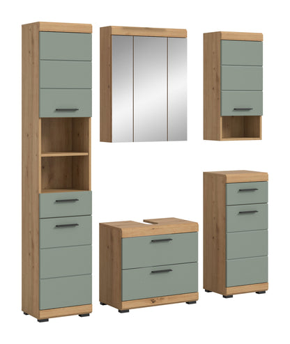 Badezimmerset mit Spiegelschrank, Waschkommode und Hochschränken in Eiche und Pastellgrün