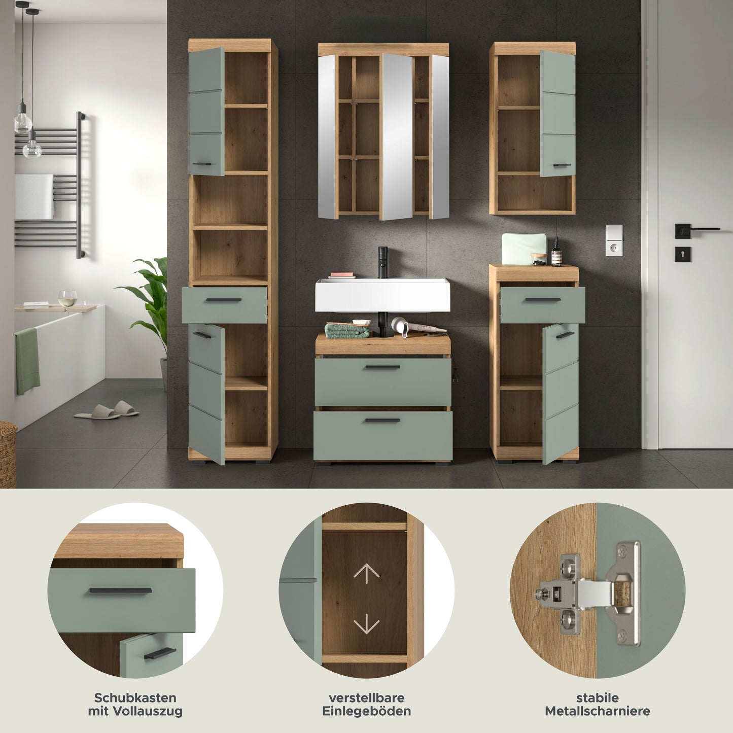 Badezimmerset mit Spiegelschrank und Hochschränken, grau-grün; verstellbare Einlegeböden