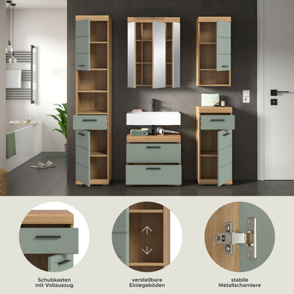 Badezimmerset mit Spiegelschrank und Hochschränken, grau-grün; verstellbare Einlegeböden