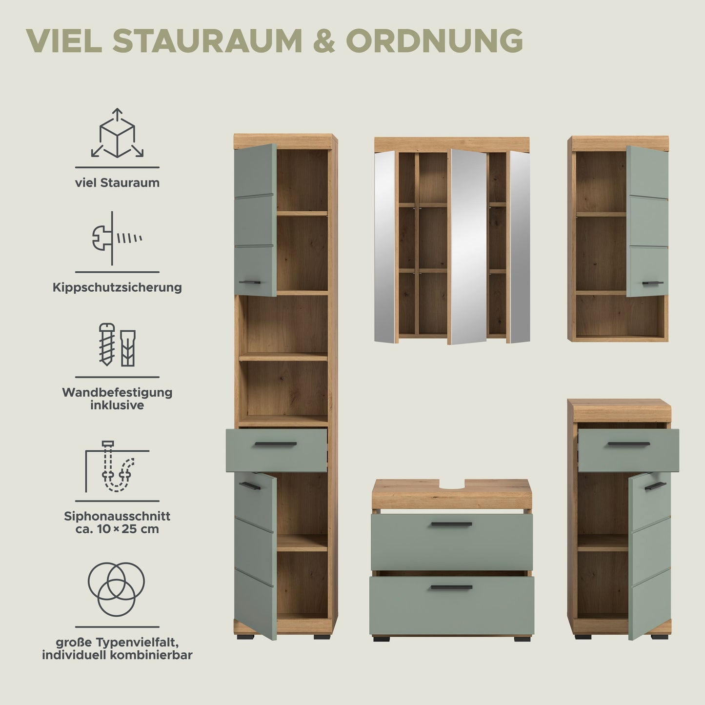 Badezimmerschrank-Set: Hochschränke und Spiegelschrank mit Schubladen, grau-grün und Holz