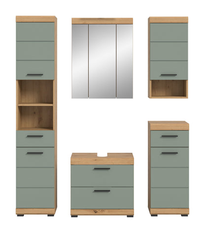 Badezimmerset mit 2 Hochschränken, Spiegel und Unterschrank, matt grau-grün mit Holzfronten
