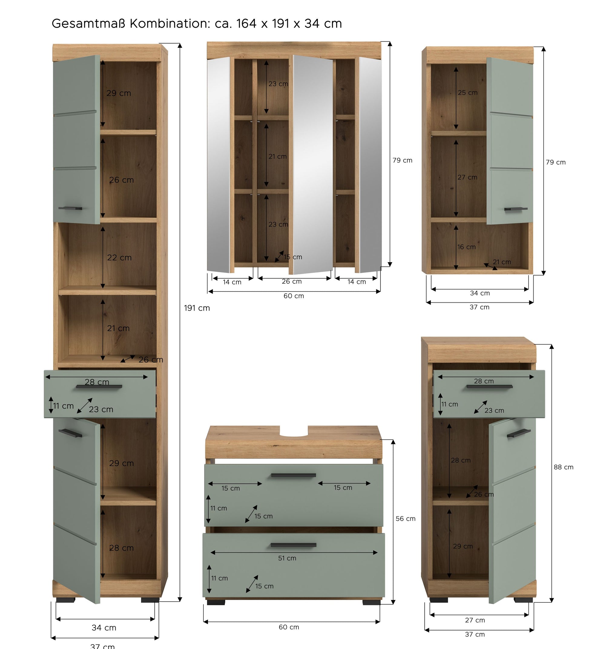Badmöbel-Set mit Maßangaben: Hochschrank, Spiegelschrank, Waschkommode und Side-Schrank