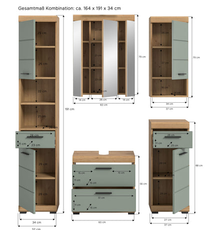 Badmöbel-Set mit Maßangaben: Hochschrank, Spiegelschrank, Waschkommode und Side-Schrank
