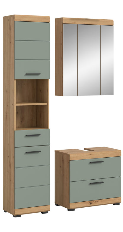 Badezimmerset in Salbeigrün mit Spiegelschrank und Waschtischkommode mit Schubfächern