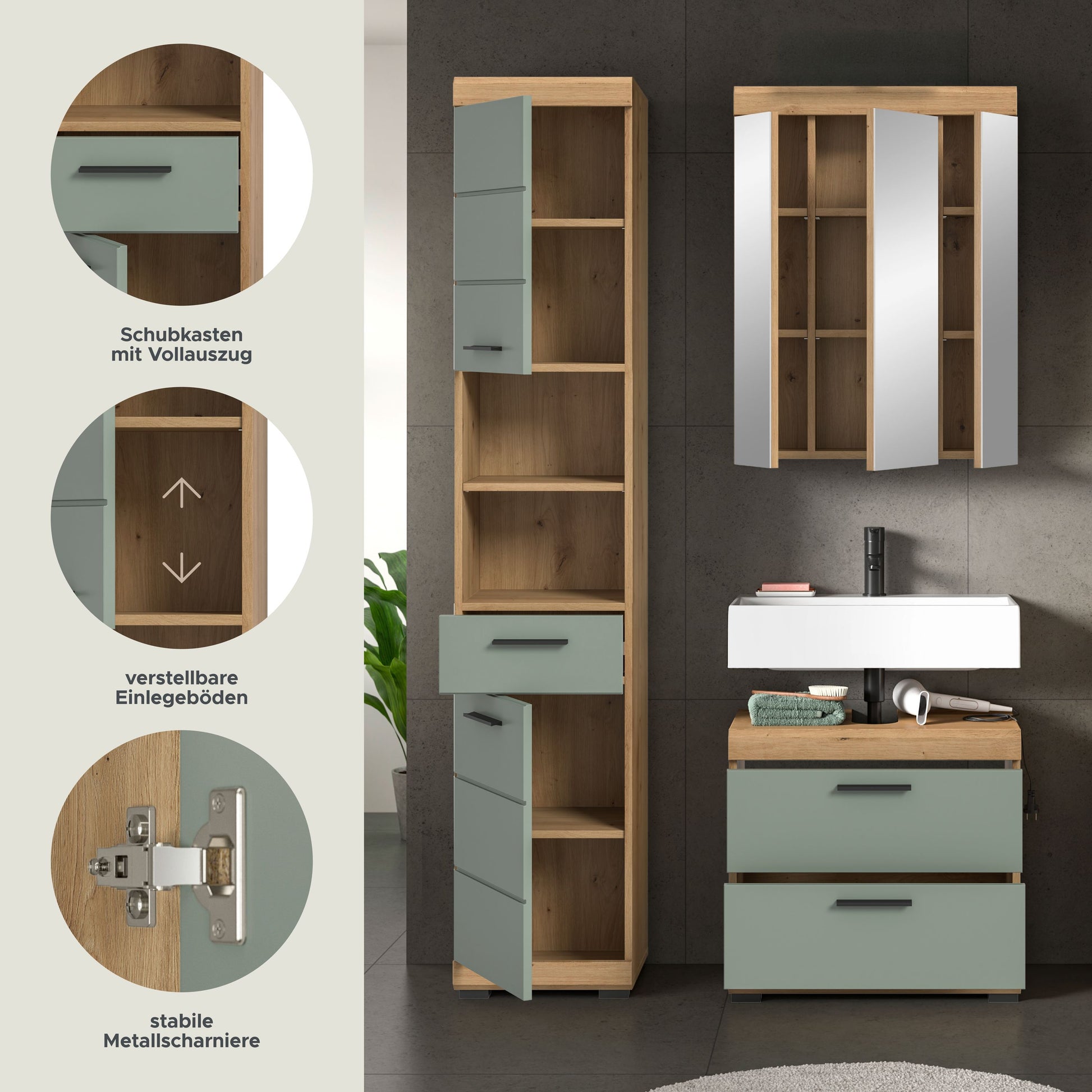 Badezimmerset mit Hochschrank und Spiegelschrank; Schubkästen und offene Fächer sichtbar
