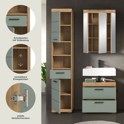 Badezimmerset mit Hochschrank und Spiegelschrank; Schubkästen und offene Fächer sichtbar