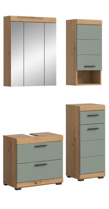 Badmöbel-Set mit Spiegelschrank, Unterschrank und Hochschrank in Staubgrün/Eiche