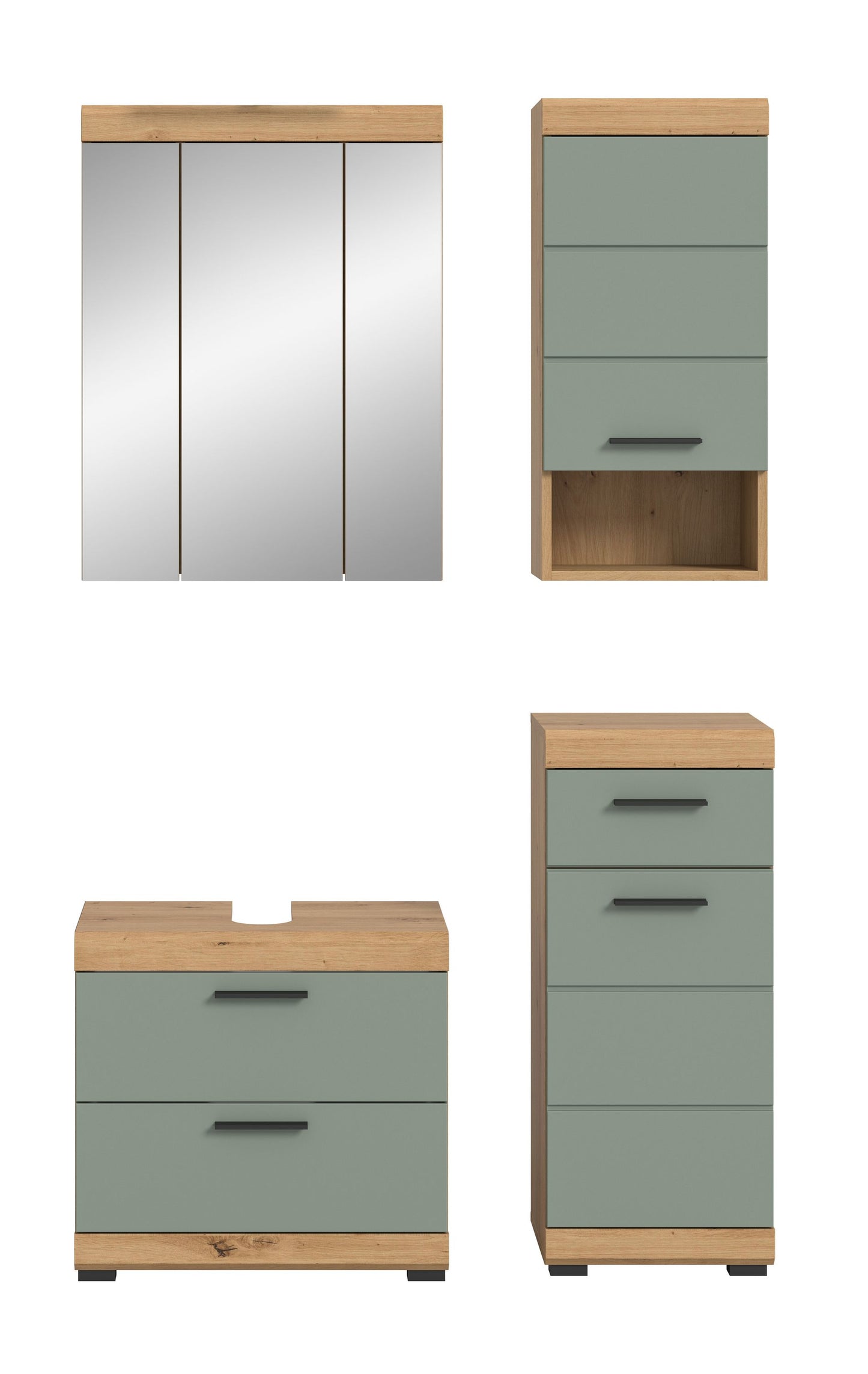 Badmöbel-Set: Spiegelschrank, Unterschrank und Hochschrank in Staubgrün/Eiche