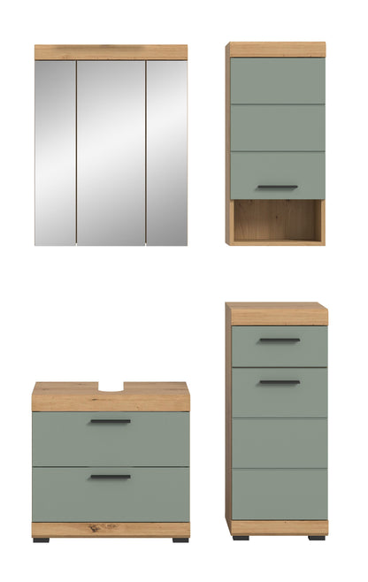 Badmöbel-Set: Spiegelschrank, Unterschrank und Hochschrank in Staubgrün/Eiche