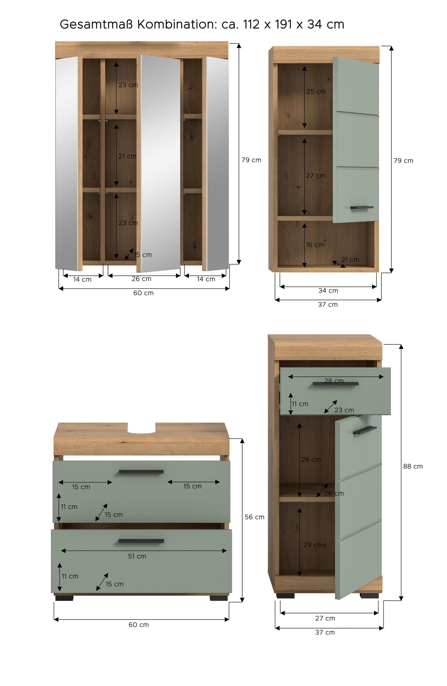 Badezimmerset mit Maßen: Spiegelschrank, Unterschrank und Hochschrank in Staubgrün/Eiche