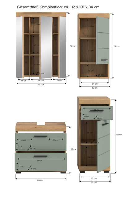 Badezimmerset mit Maßen: Spiegelschrank, Unterschrank und Hochschrank in Staubgrün/Eiche