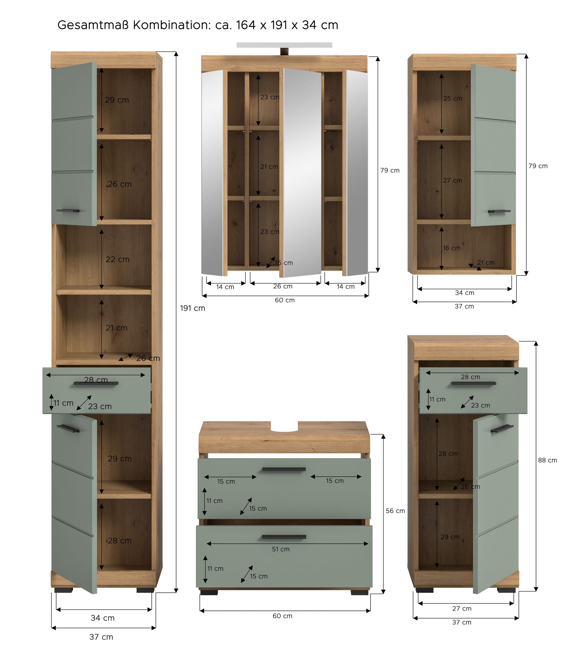 Badezimmerset mit Maßangaben in Holzoptik und Grün: Spiegelschrank, Kommode, Schränke