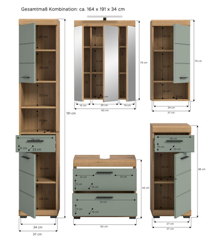 Badezimmerset mit Maßangaben in Holzoptik und Grün: Spiegelschrank, Kommode, Schränke