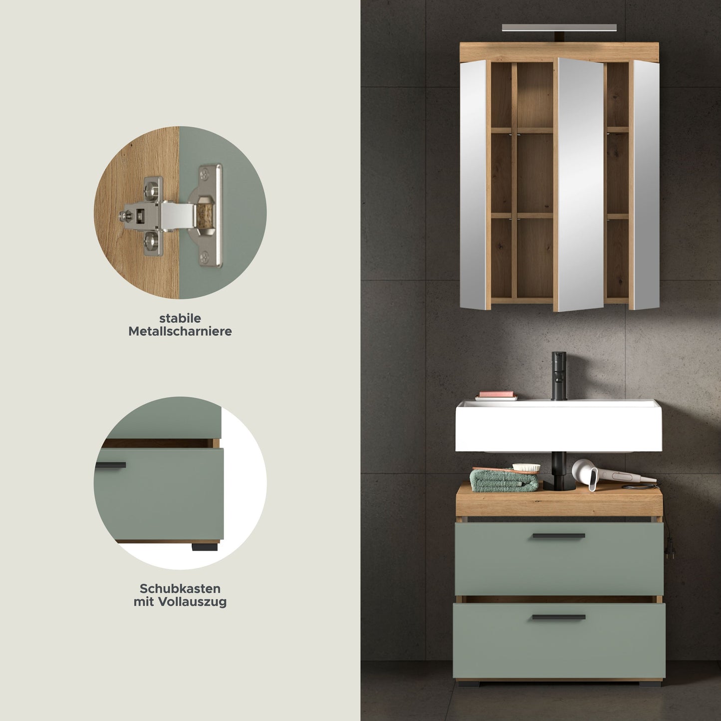 Badezimmerset mit Spiegelschrank und Schubkästen, Tür mit Metallscharniere