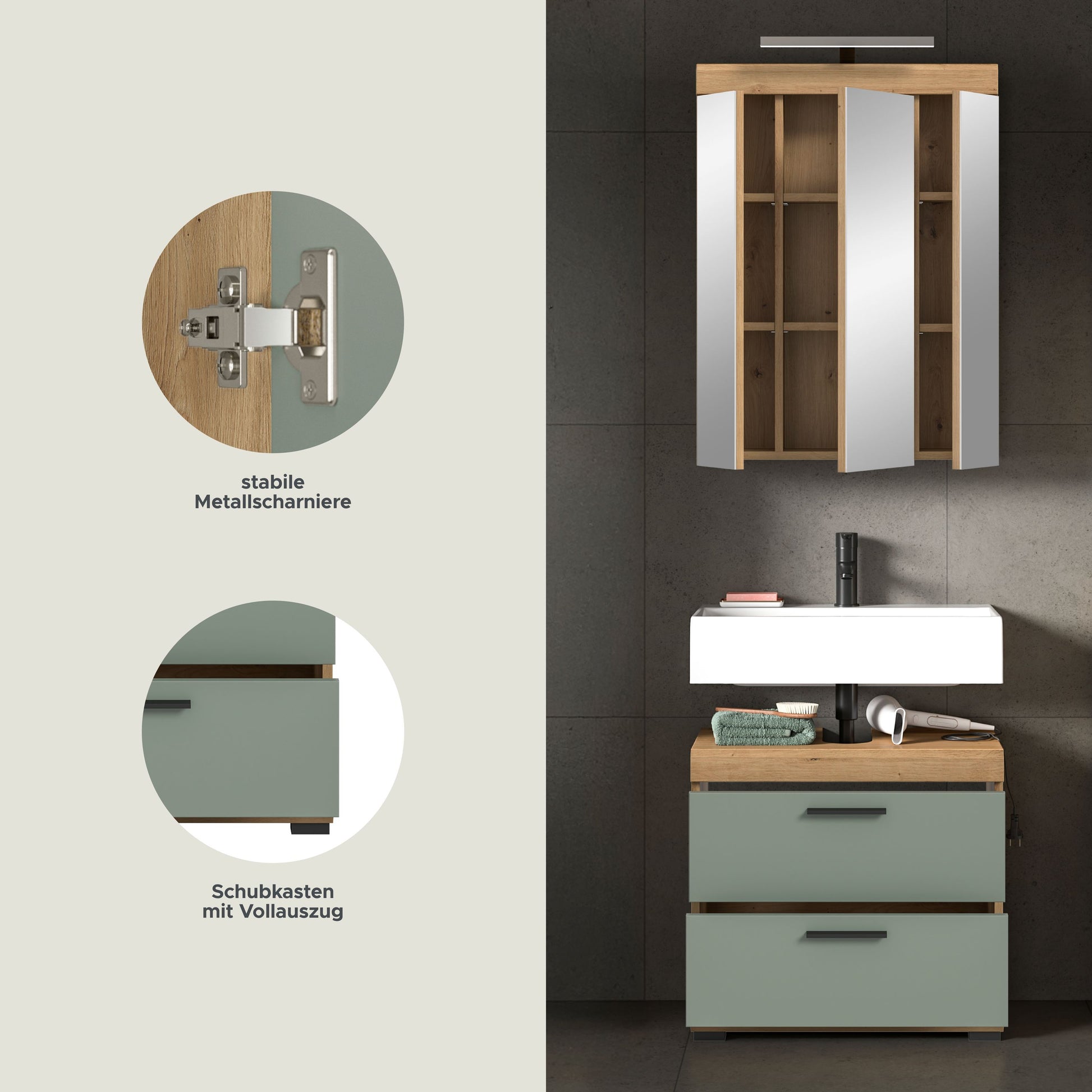 Badezimmerset mit Spiegelschrank und Schubkästen, Tür mit Metallscharniere