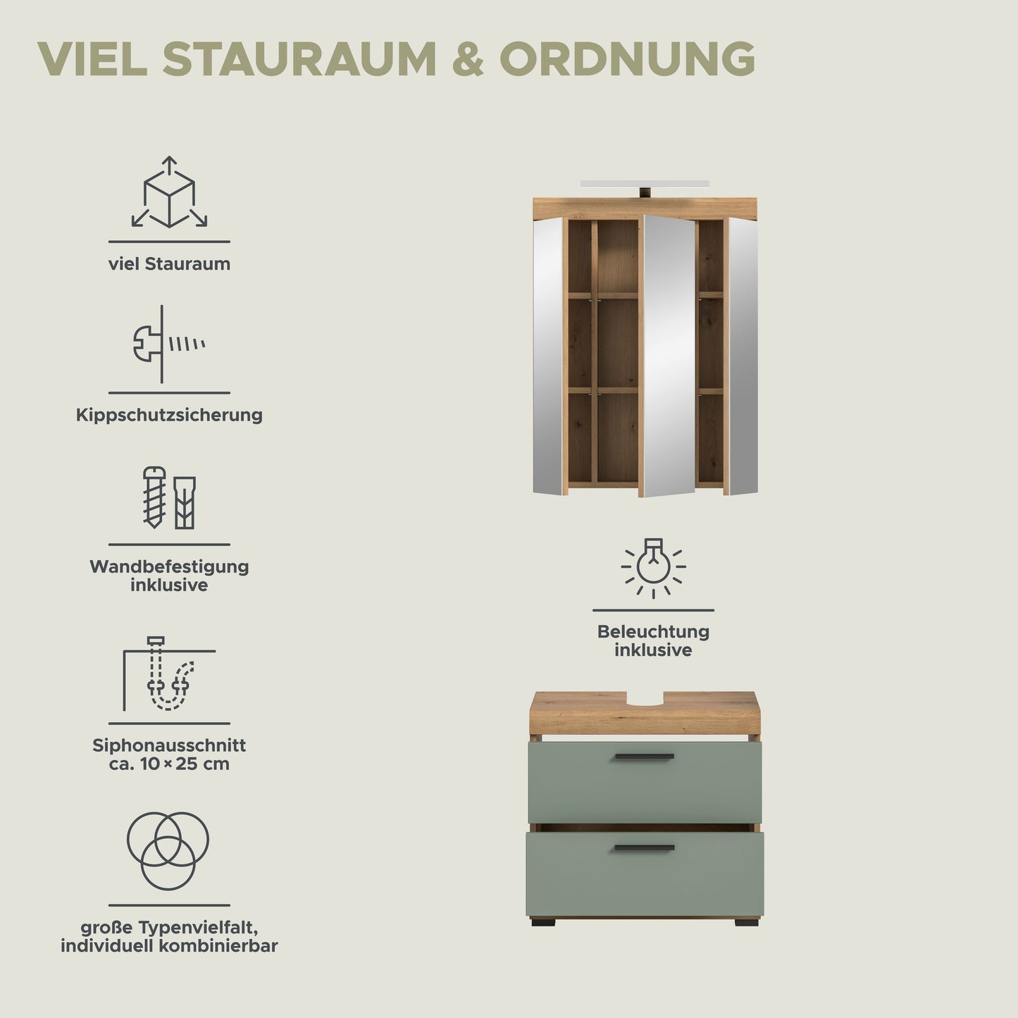 Badezimmerset mit Spiegelschrank und Waschtisch-Unterschrank, inkl. Beleuchtung