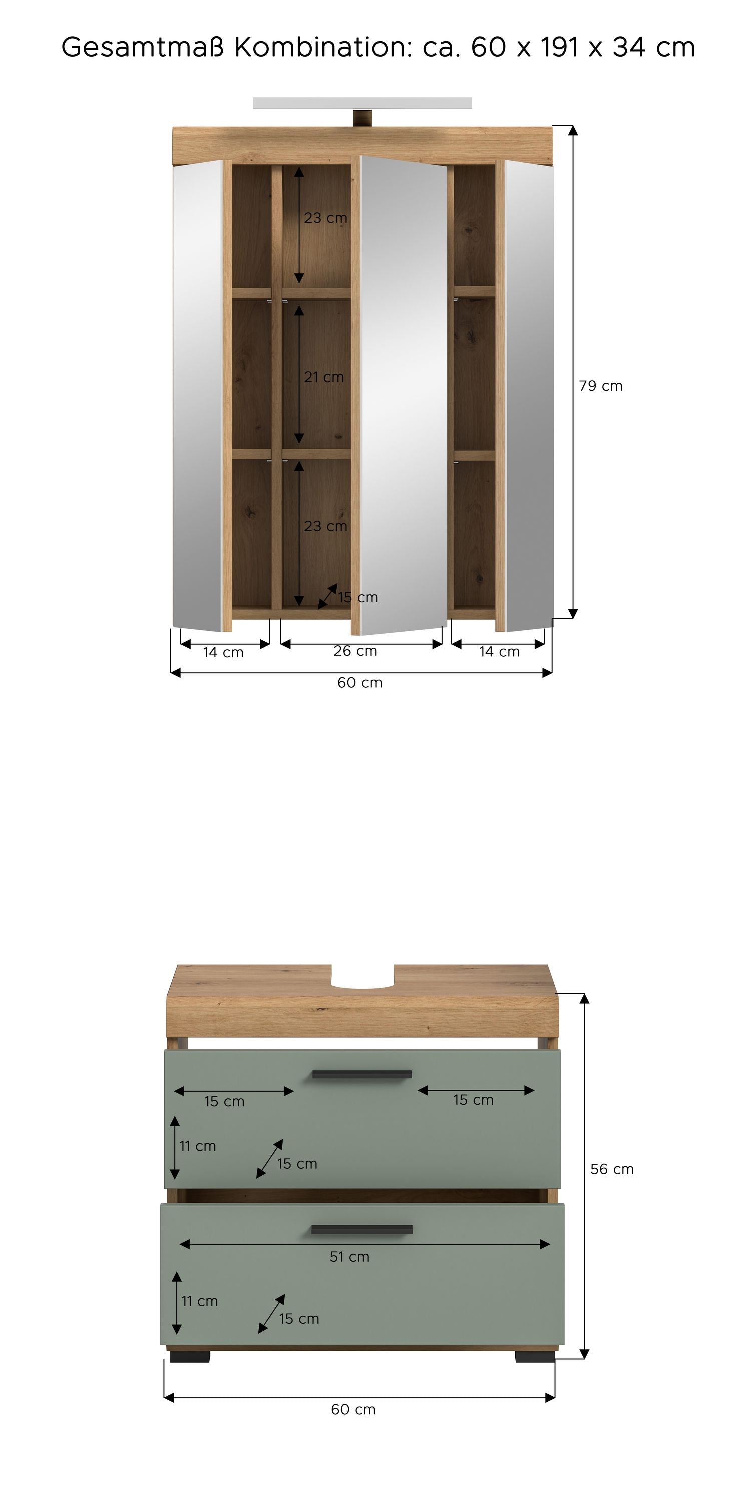 Badezimmerset 2-teilig, Maßangaben zu Spiegelschrank und Waschtischunterschrank