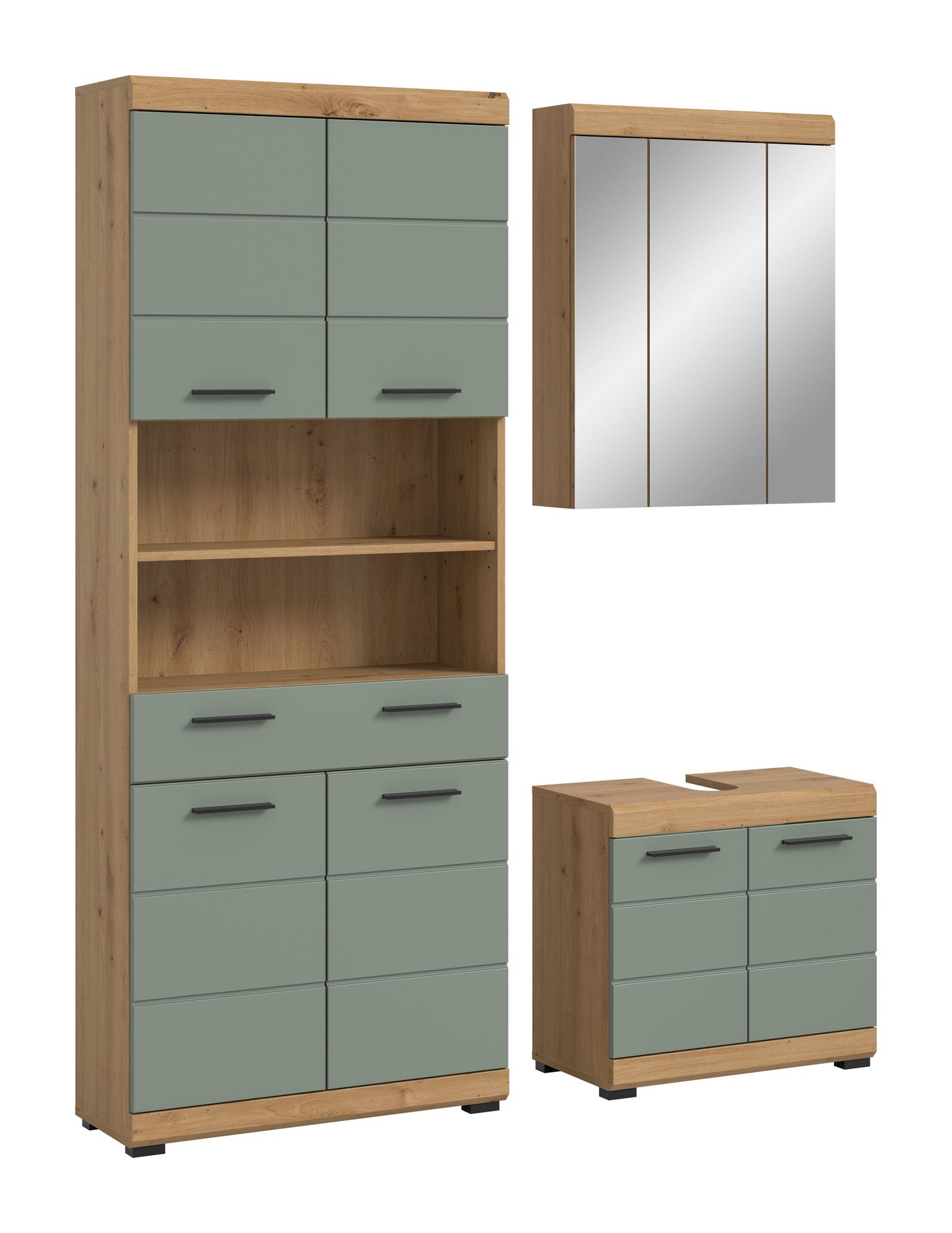 Badezimmerschrank-Set: Hochschrank mit Fächern, Waschtischunterschrank und Spiegelschrank