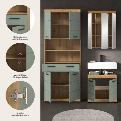 Badezimmer-Set mit Hochschrank, Unterschrank und Spiegel; Schubladen und offene Fächer