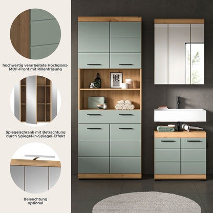 Badezimmer-Set mit Spiegelschrank und zwei Unterschränken, türkisfarben, mit Schubladen