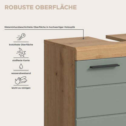 Badezimmer-Set: Eck-Front mit schrägem Griff, Melaminoberfläche und wasserabweisender Kante