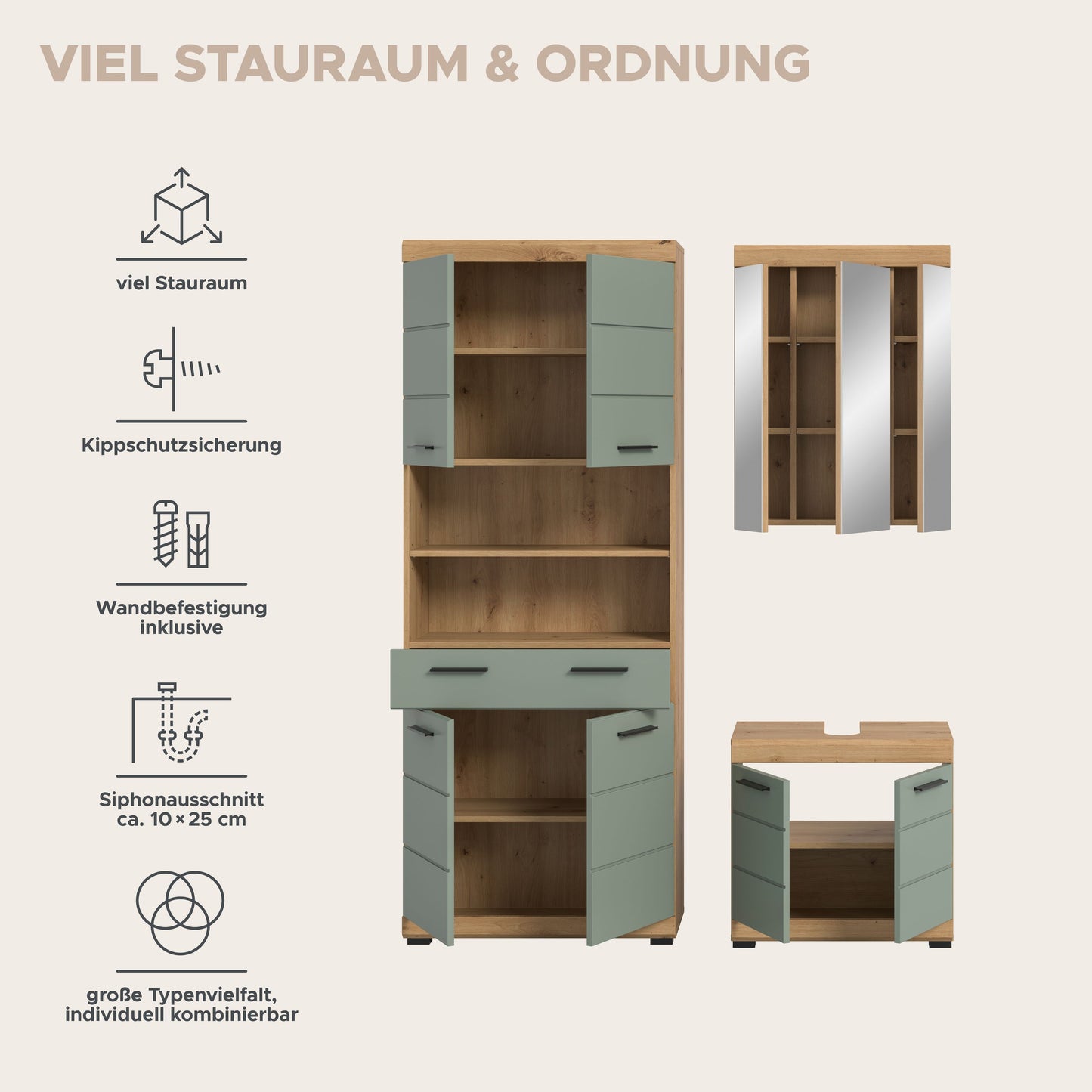 Badezimmerschrank-Set mit offenen Einlegeböden, Klappschutzsicherung und Türfächern