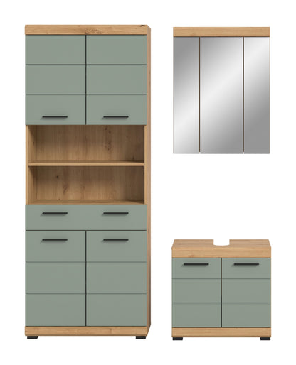 Badezimmerset-Ansicht: Hochschrank mit Türen und Schubladen sowie Spiegelschrank