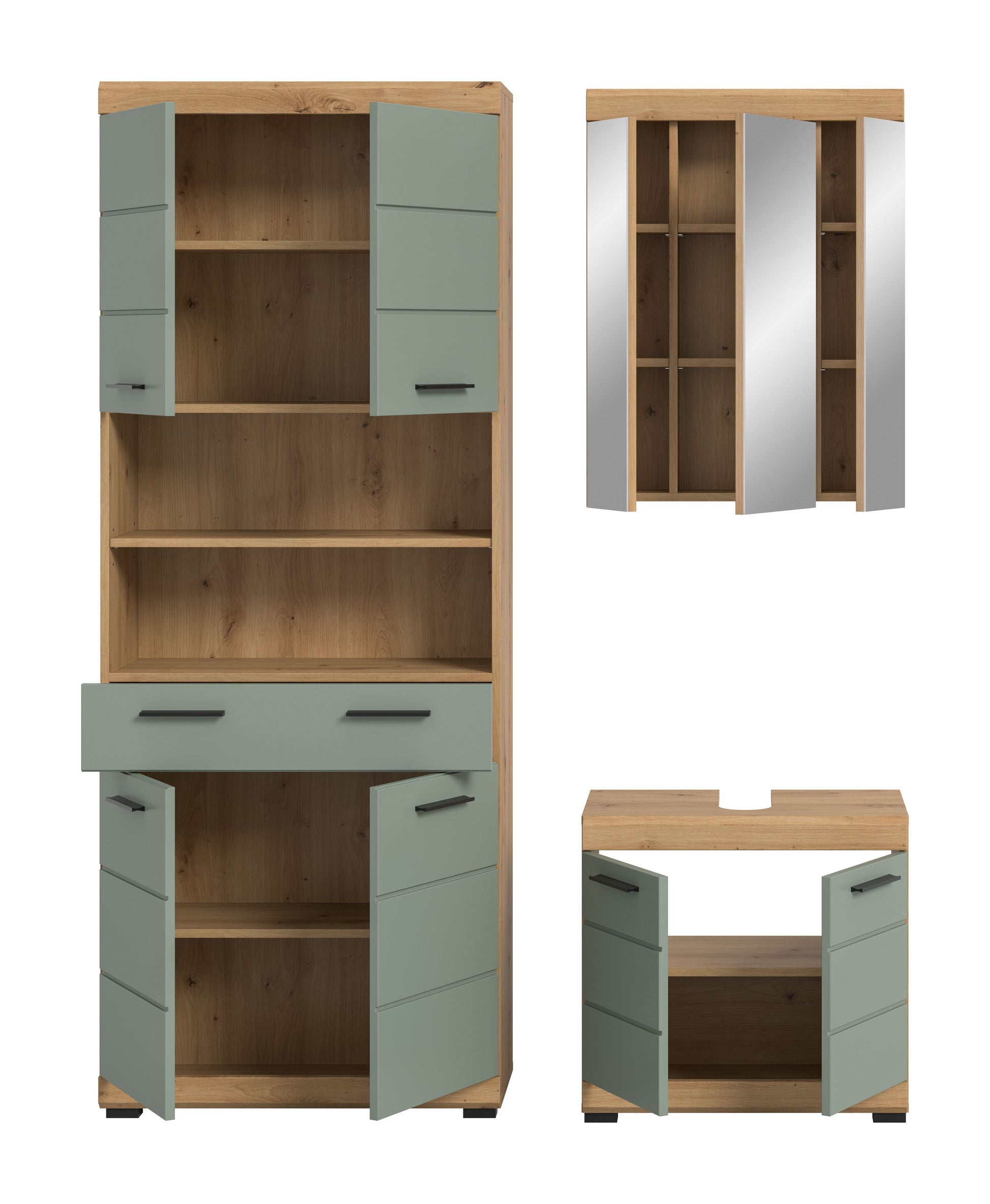 Badezimmerset mit offenen Fächern: Hochschrank, Waschtischunterschrank und Spiegelschrank