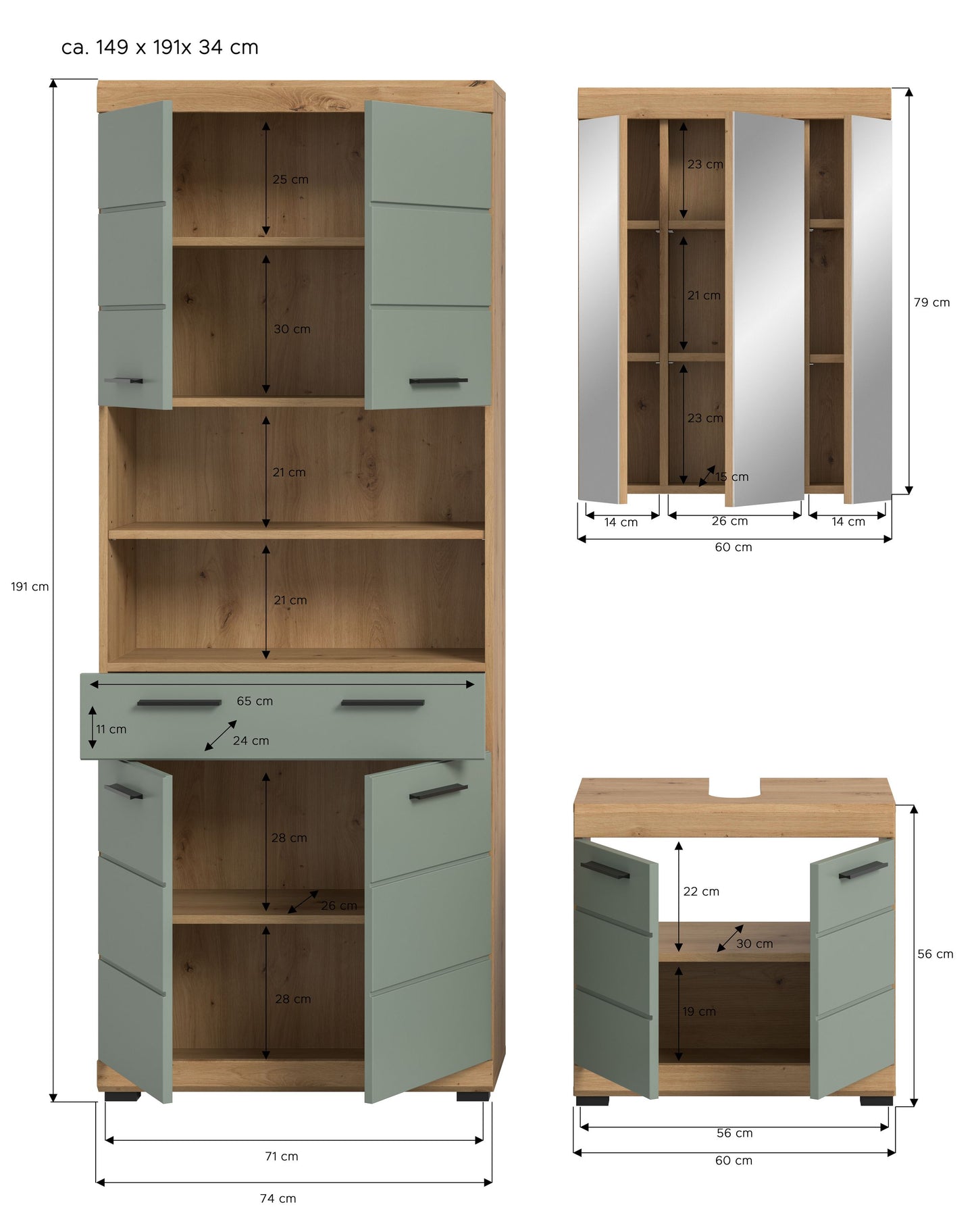 Badezimmerschrank-Set im Maßdiagramm: Hochschrank, Waschtisch, Spiegelschrank