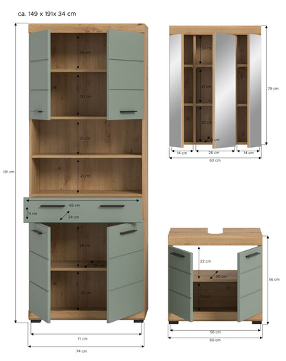 Badezimmerschrank-Set im Maßdiagramm: Hochschrank, Waschtisch, Spiegelschrank
