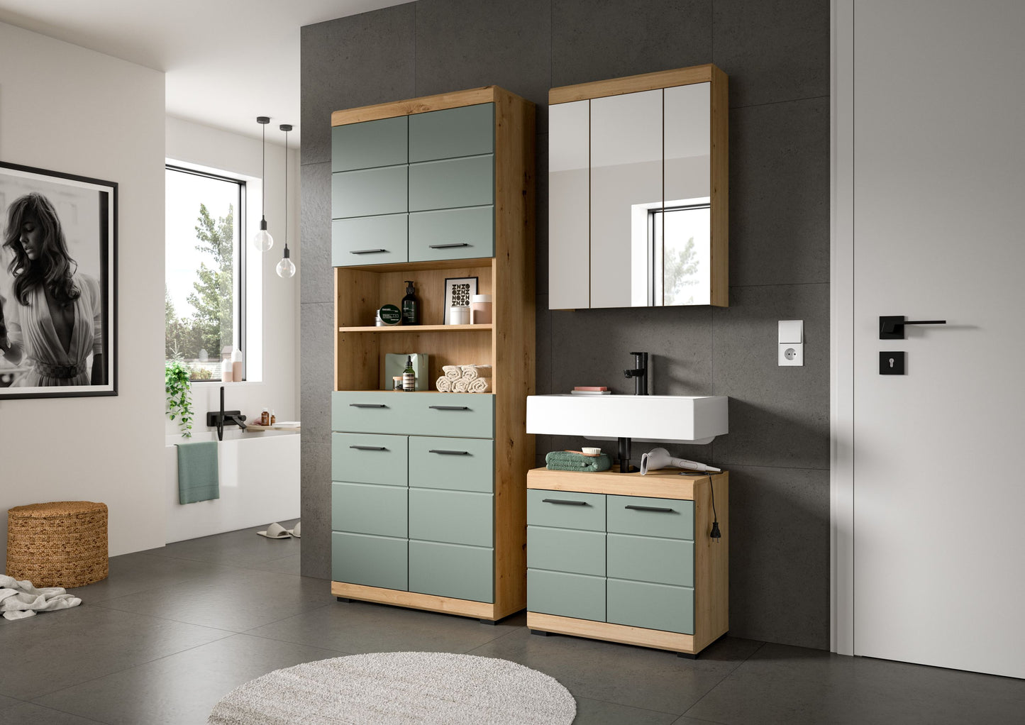 Badezimmerset mit Hochschrank, Spiegelschrank und Waschtischunterschrank in Pastellgrün