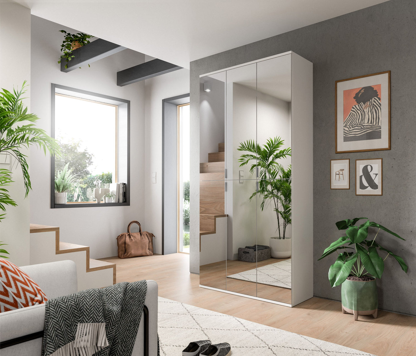Spiegelschrank mit Glasfront und offenen Innenbereichen, integrierte Stellflächen, im Wohnraum