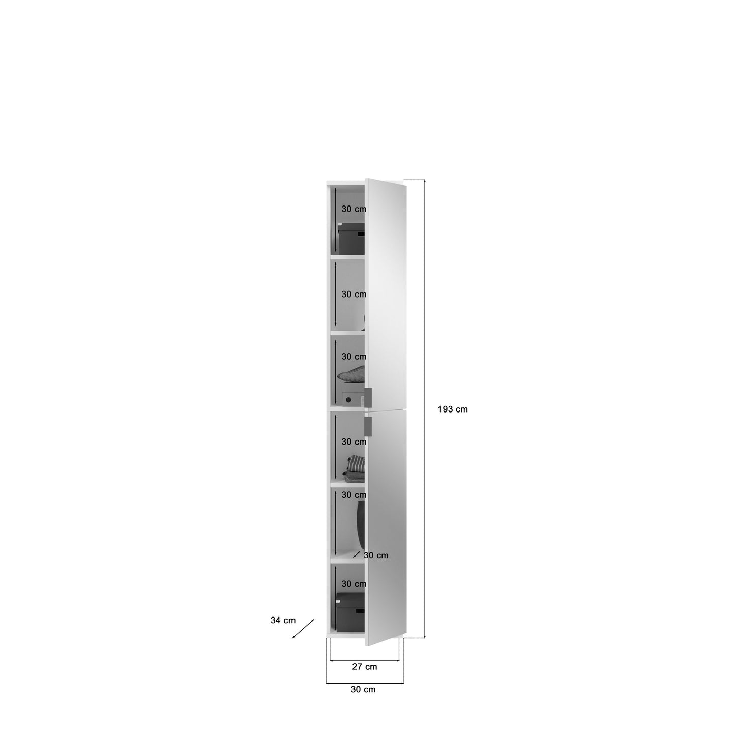Spiegelschrank-Set Seitenansicht mit Innenfächern und Maßen, schmale, hohe Bauform