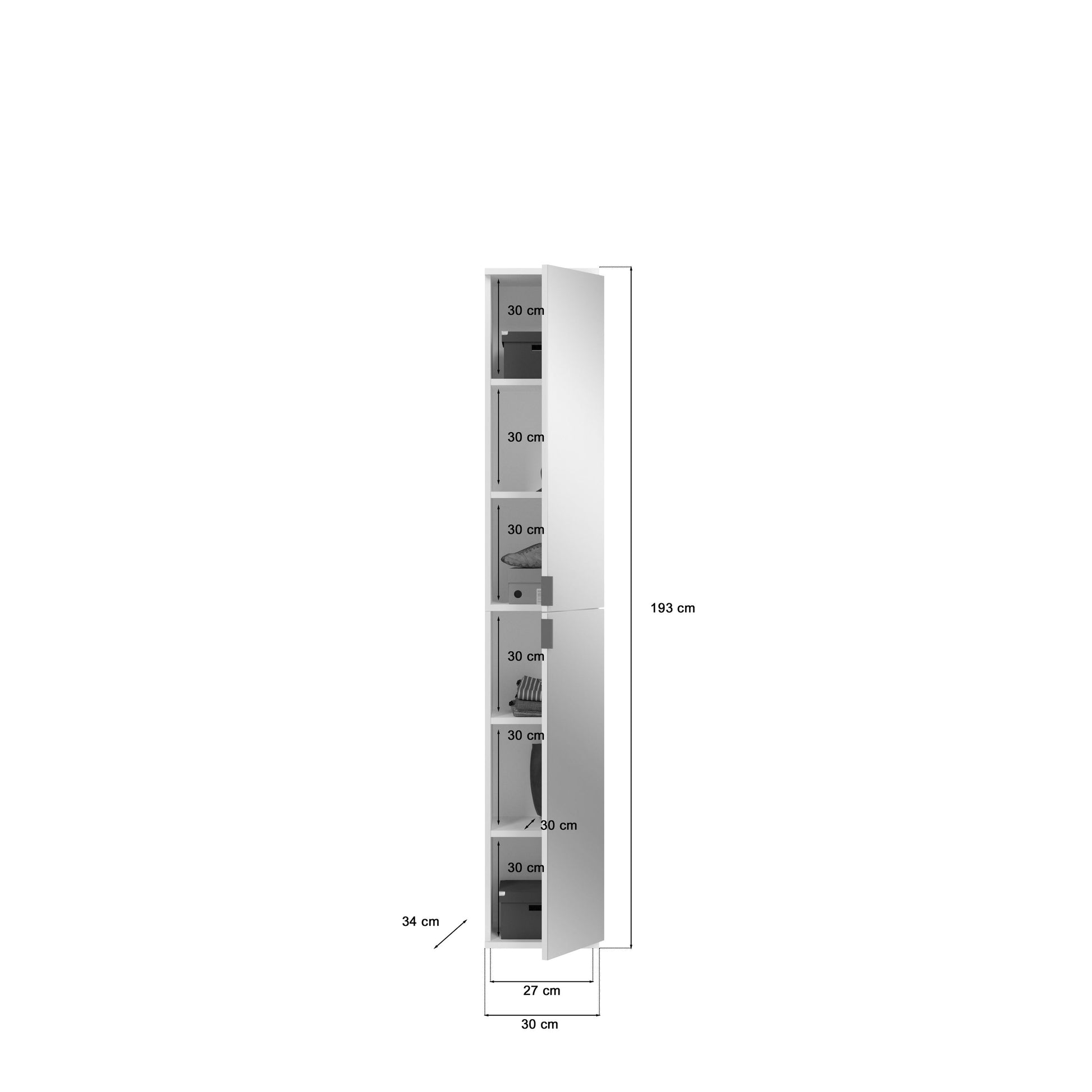 Spiegelschrank-Set Seitenansicht mit Innenfächern und Maßen, schmale, hohe Bauform