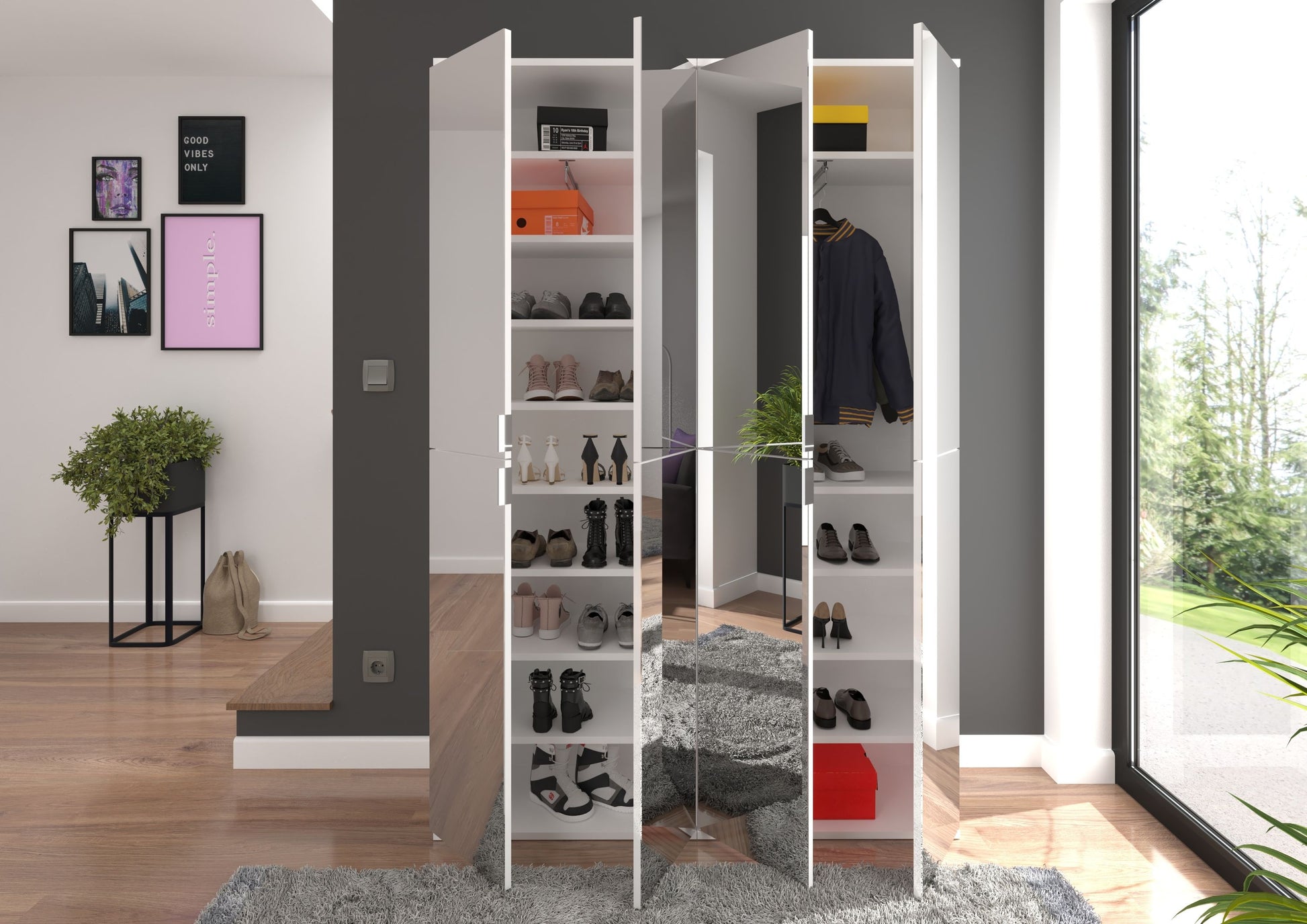 Spiegelschrank-Set mit offenen Türen, sichtbare Einlegeböden und Spiegelflächen innen