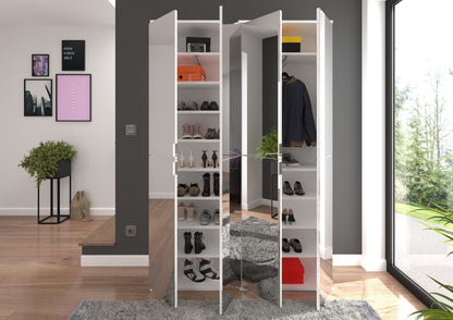Spiegelschrank-Set mit offenen Türen, sichtbare Einlegeböden und Spiegelflächen innen