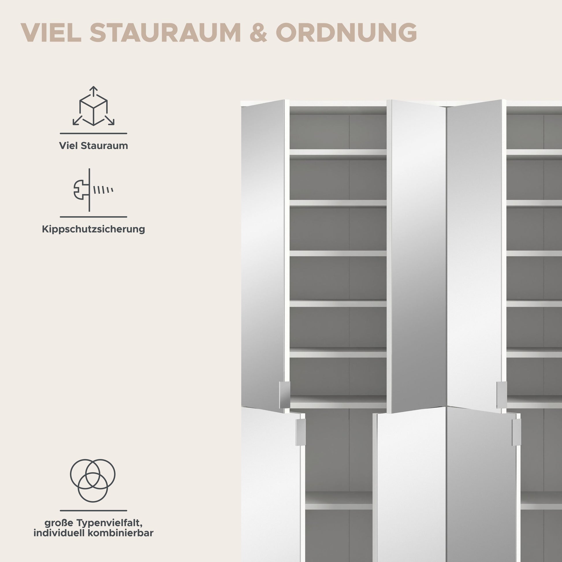Spiegelschrank-Set mit geöffneten Flügeln, Innenfächer und Einlegeböden sichtbar