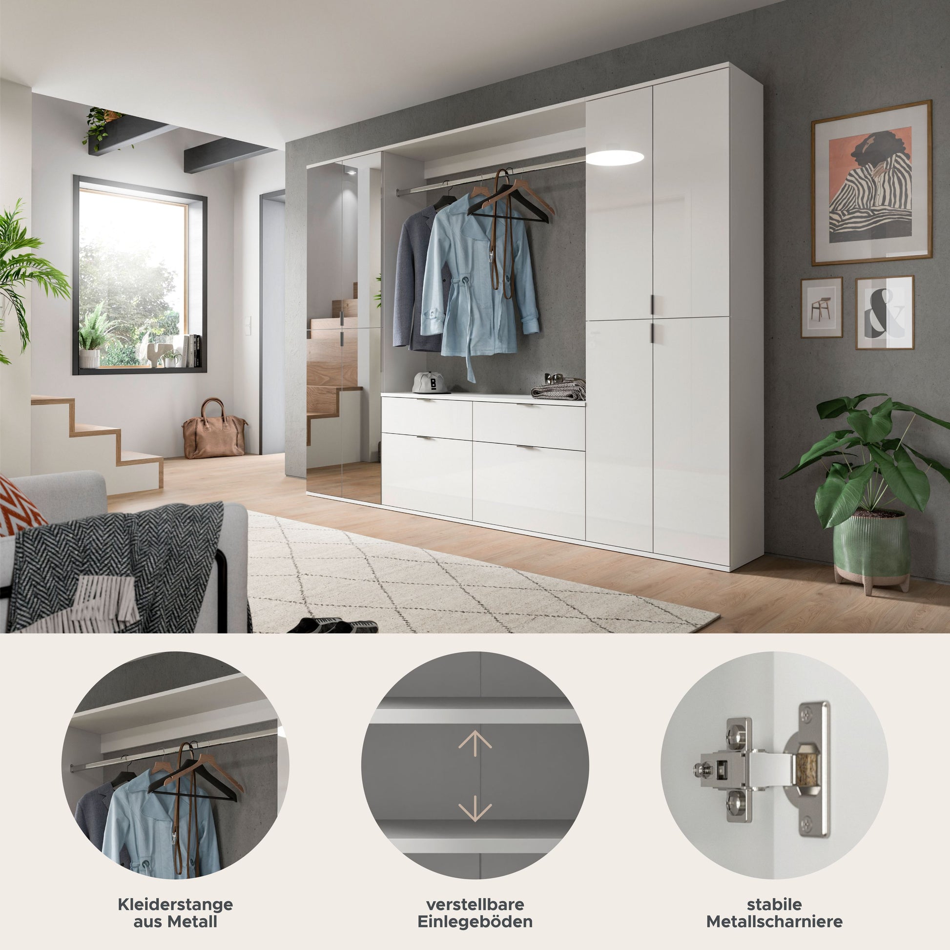 Weiße Garderobenanlage mit Kleiderstange und höhenverstellbarem Element