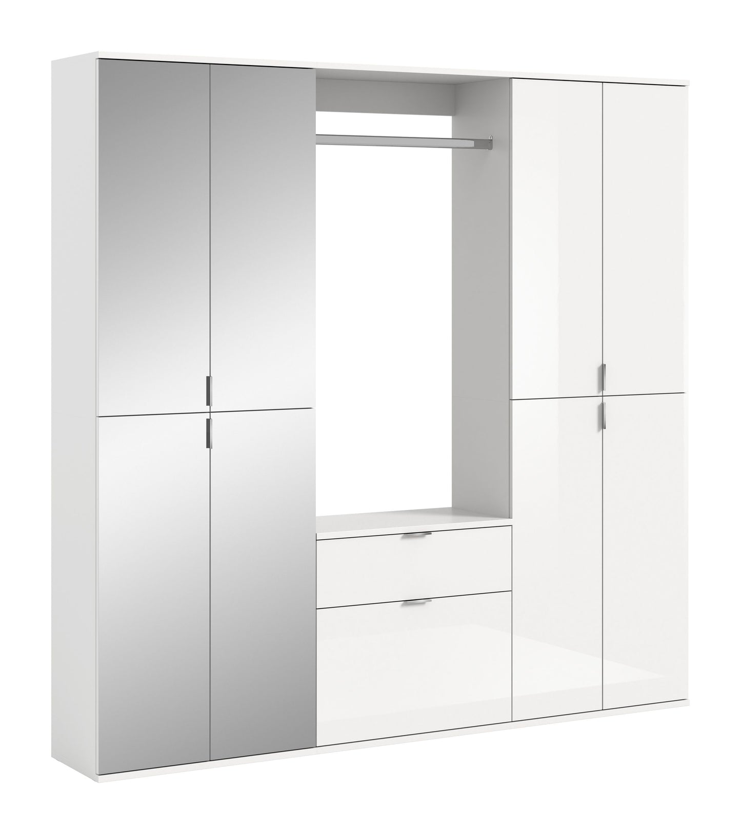 Garderoben-Schrank-Set mit weißer Front, geöffneten Fächern und Schubfach, Metallgriff