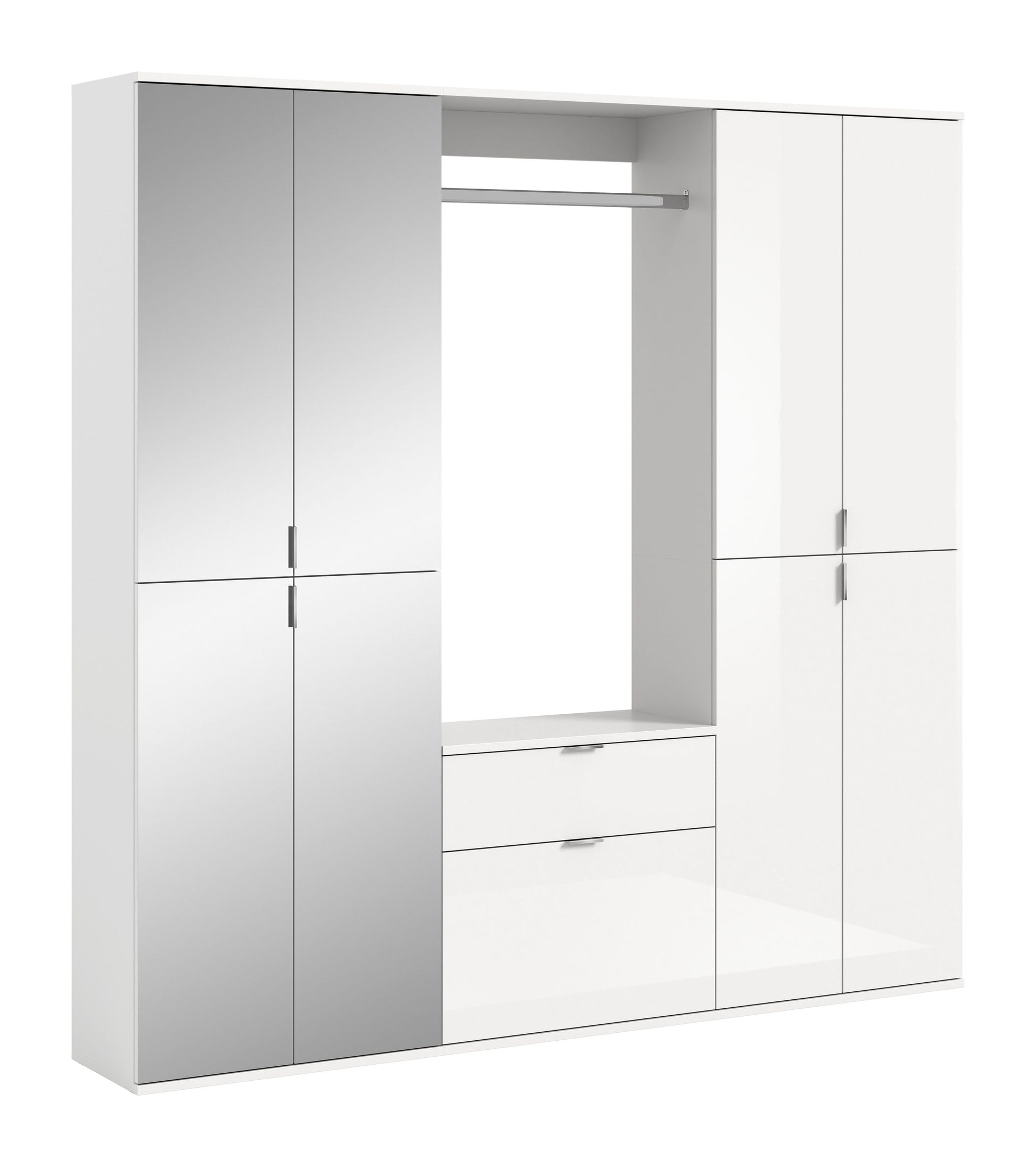 Garderoben-Schrank-Set mit weißer Front, geöffneten Fächern und Schubfach, Metallgriff